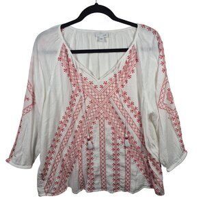 J Jill Top Womens L White Red Cotton Tunic 3/4 Sleeve Embroidered Lightweight